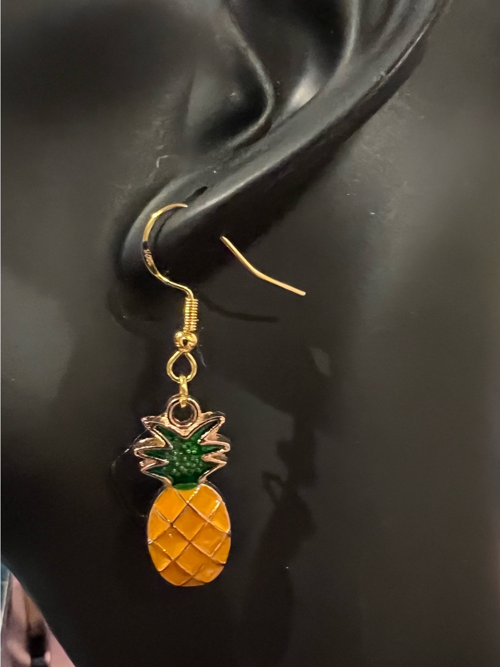 Gold Pineapple Drop Earrings with Yellow & Green Enamel